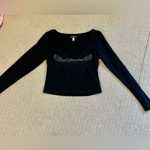 Black cropped long sleeve shirt with diamanté detailing